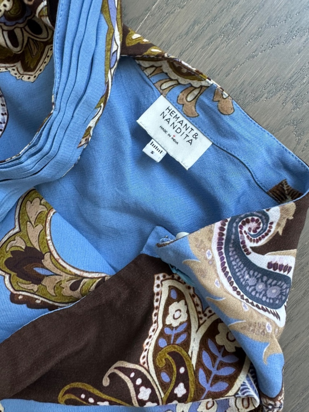 HEMANT & NANDITA One-Shoulder Paisley Maxi Dress in Light Blue and Brown - Picture 5 of 10